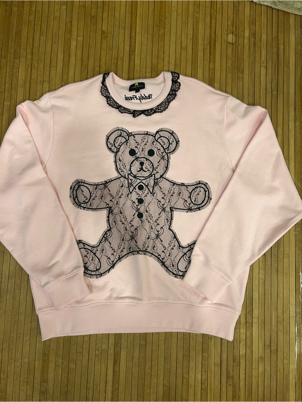 Teddy Fresh Women's Sz L Cotton Pink Oversized Sweater W/ Black Lace Appliqué